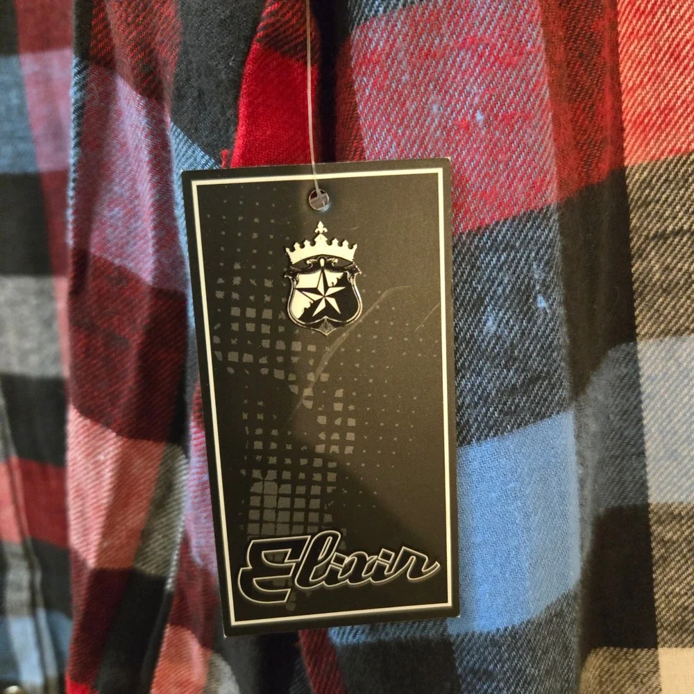 Elixir Flannel Shirt Mens XXL Red Blue Black Plaid Cotton Long Sleeve - Picture 6 of 10